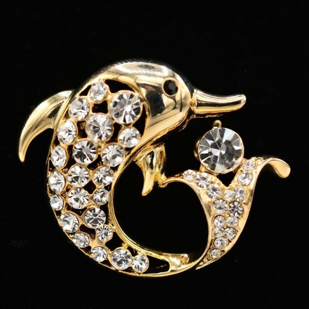 Crystal Dolphin Pin Brooch Gold Tone Sparkling Rhinestone Playing Ball BinAJ